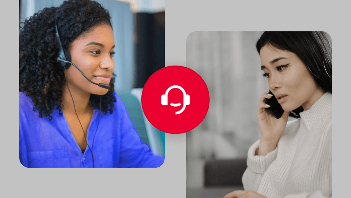 Two women are connected over a call, while one is wearing blue clothes and wearing headphones. Another woman is wearing a white top and talking on the phone.