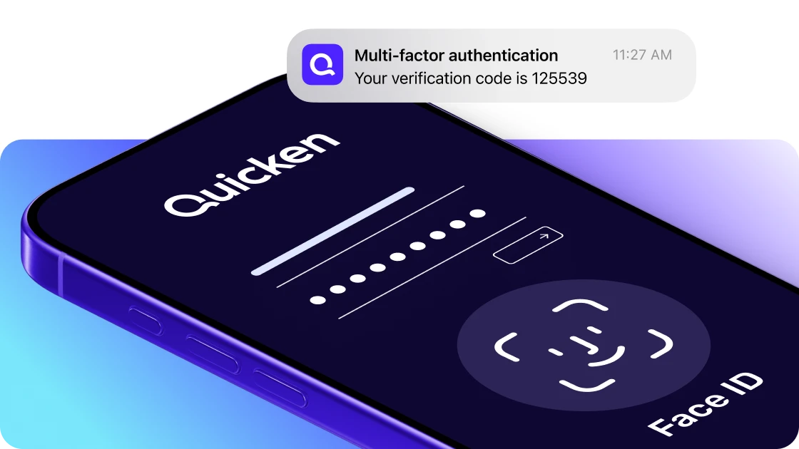Screenshot of the Quicken sign-in screen with Face ID enabled and a multi-factor authentication notification displaying a one-time verification code.