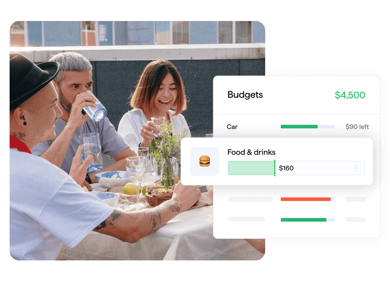 Group dining happily together with an overlay of Quicken budgets user interface for Food & Dining spending showing to the right side