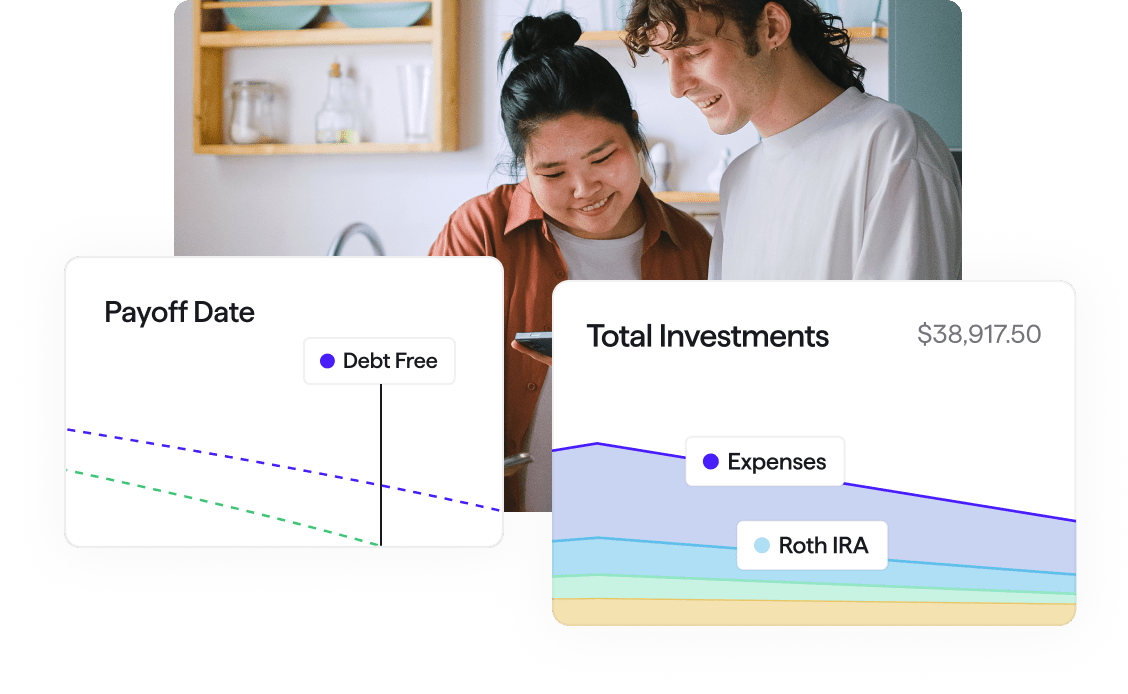 Young adults looking at tablet together with Quicken investments chart user interface screens overlayed 