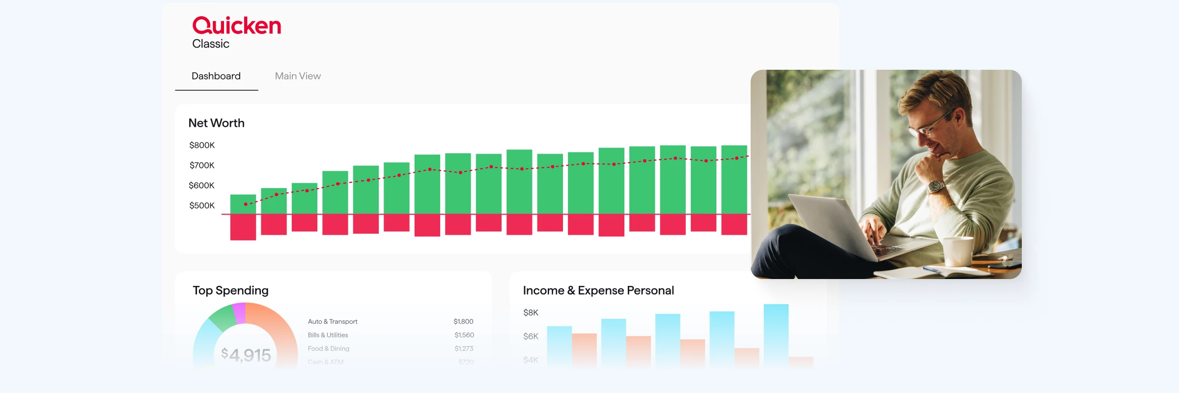Composite of a person using a laptop overlaid with Quicken Classic Starter Dashboard showing a growing Net Worth bar chart, Top Spending of $4,915, and Income and Expense charts.