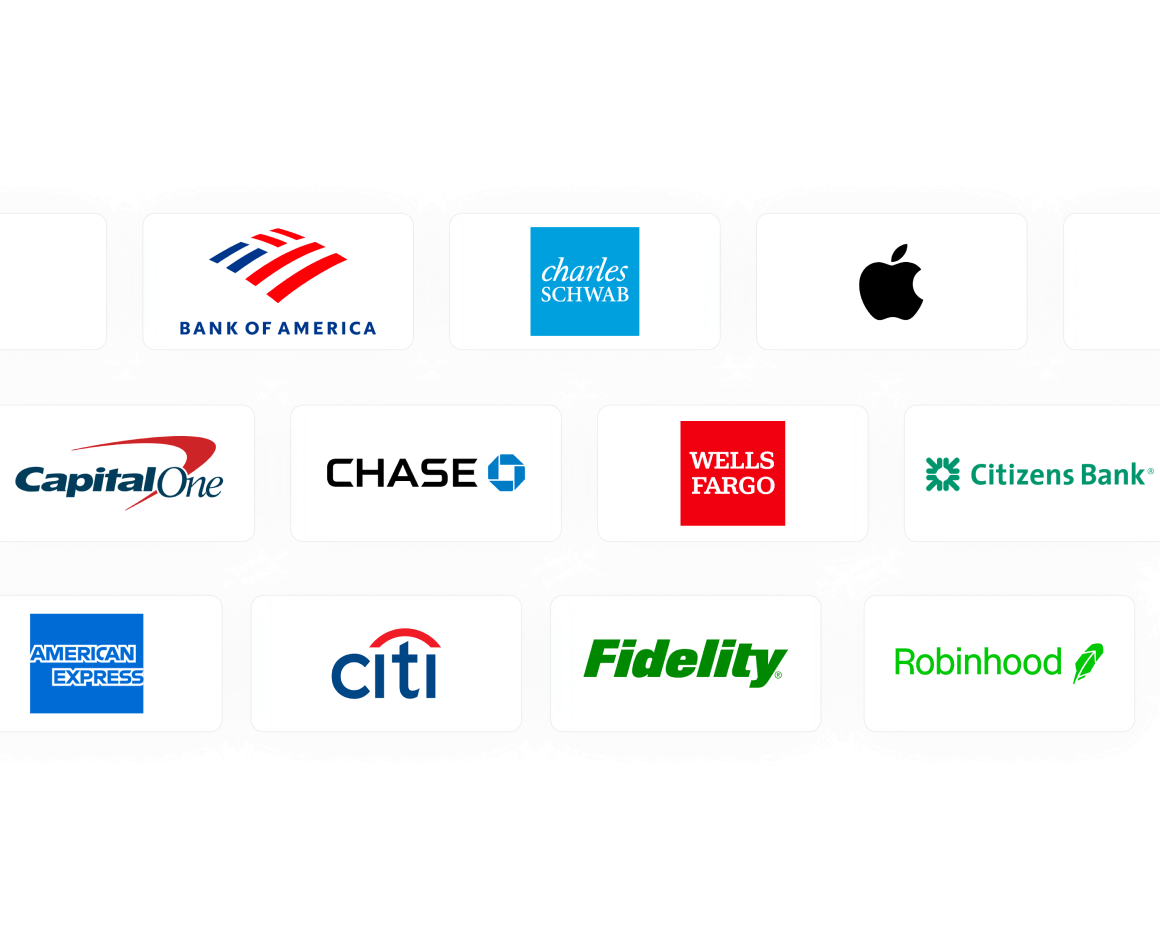 Grid of logos showing 11 supported financial institutions: Bank of America, Charles Schwab, Apple, Capital One, Chase, Wells Fargo, and others.