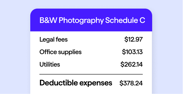 Summary displays legal fees and office supplies for B&W photography schedule.