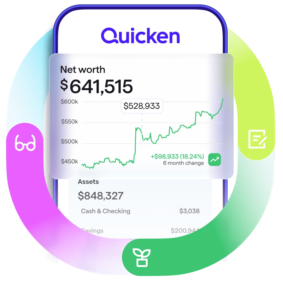 Screenshot of Quicken on a smartphone, surrounded by a colorful circular ring graphic with small icon badges, showing a Net worth chart of $641,515 with Assets of $848,327 and a plus $93,933, 18.24 percent, six-month change.