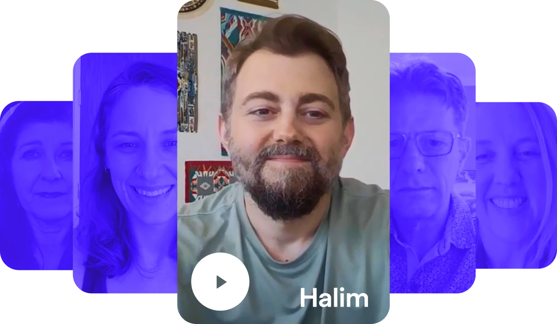A row of overlapping customer video-testimonial cards, each showing a smiling person on a video call; the center card is highlighted with a play button and labeled 'Halim.'