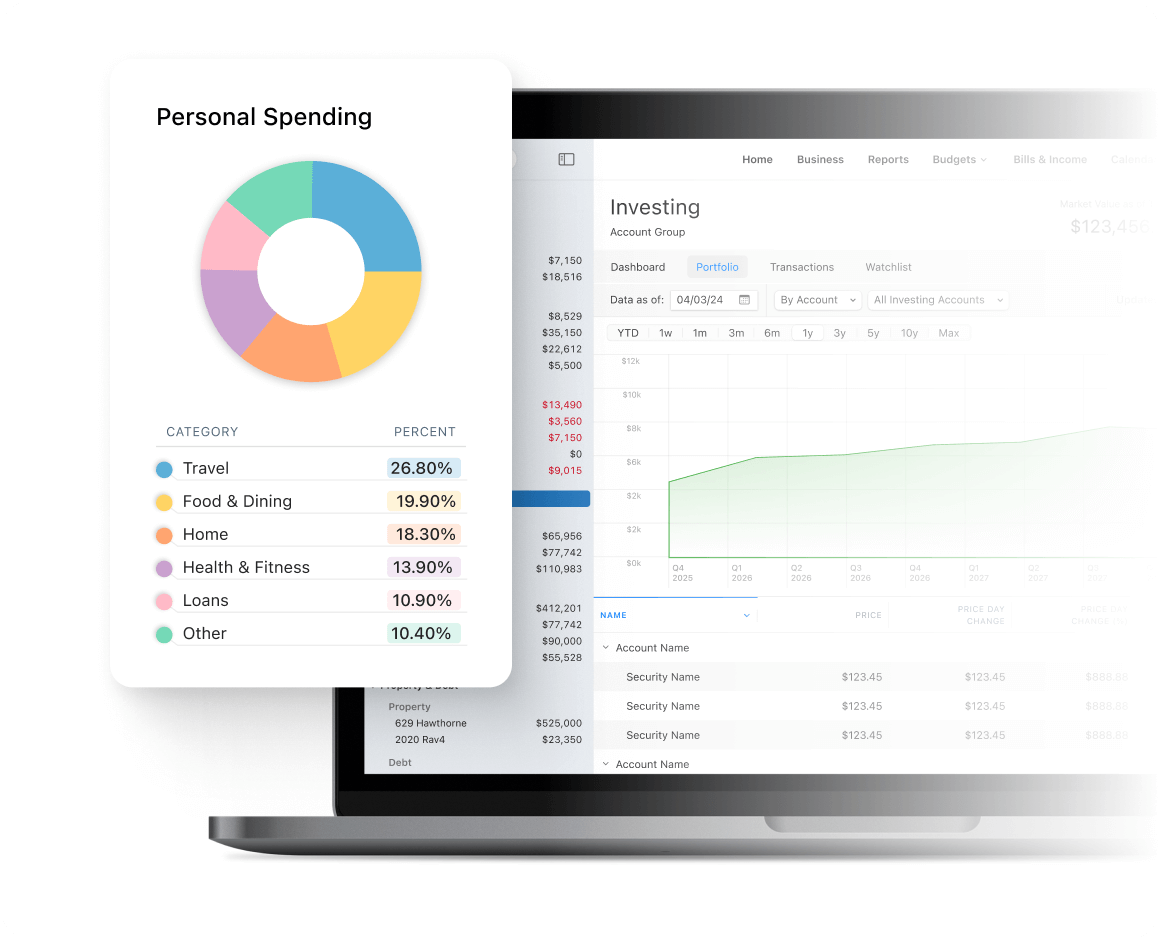 A personal spending summary card with a colorful donut chart and category percentages appears beside a laptop screen showing an investing dashboard with a green portfolio performance graph and account details.