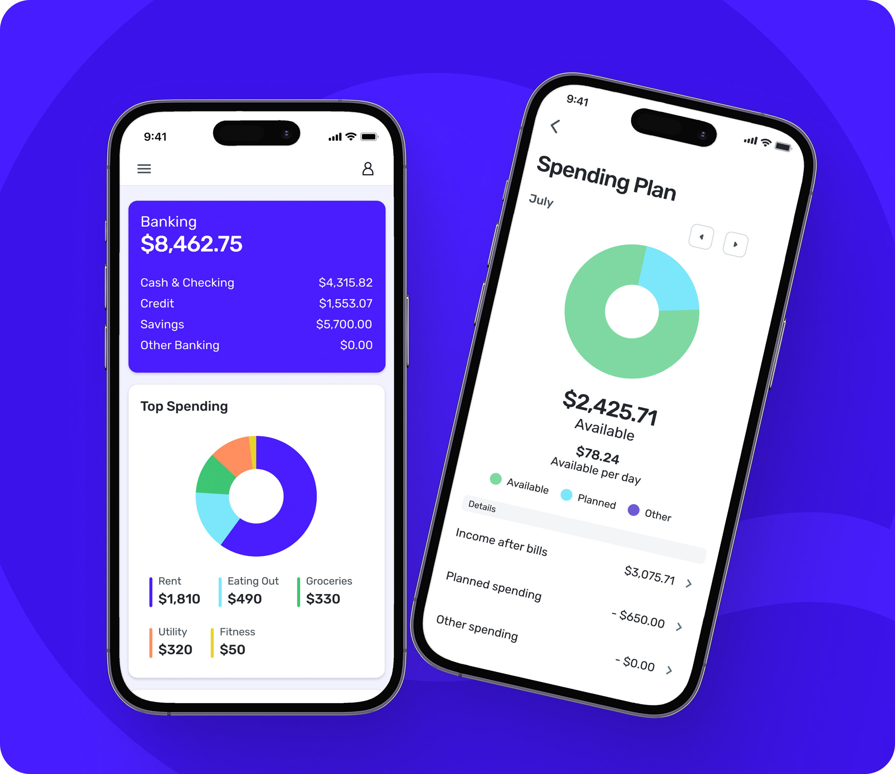 Mint Switch Hero displays spending plans and top spending plans from the mobile interface.