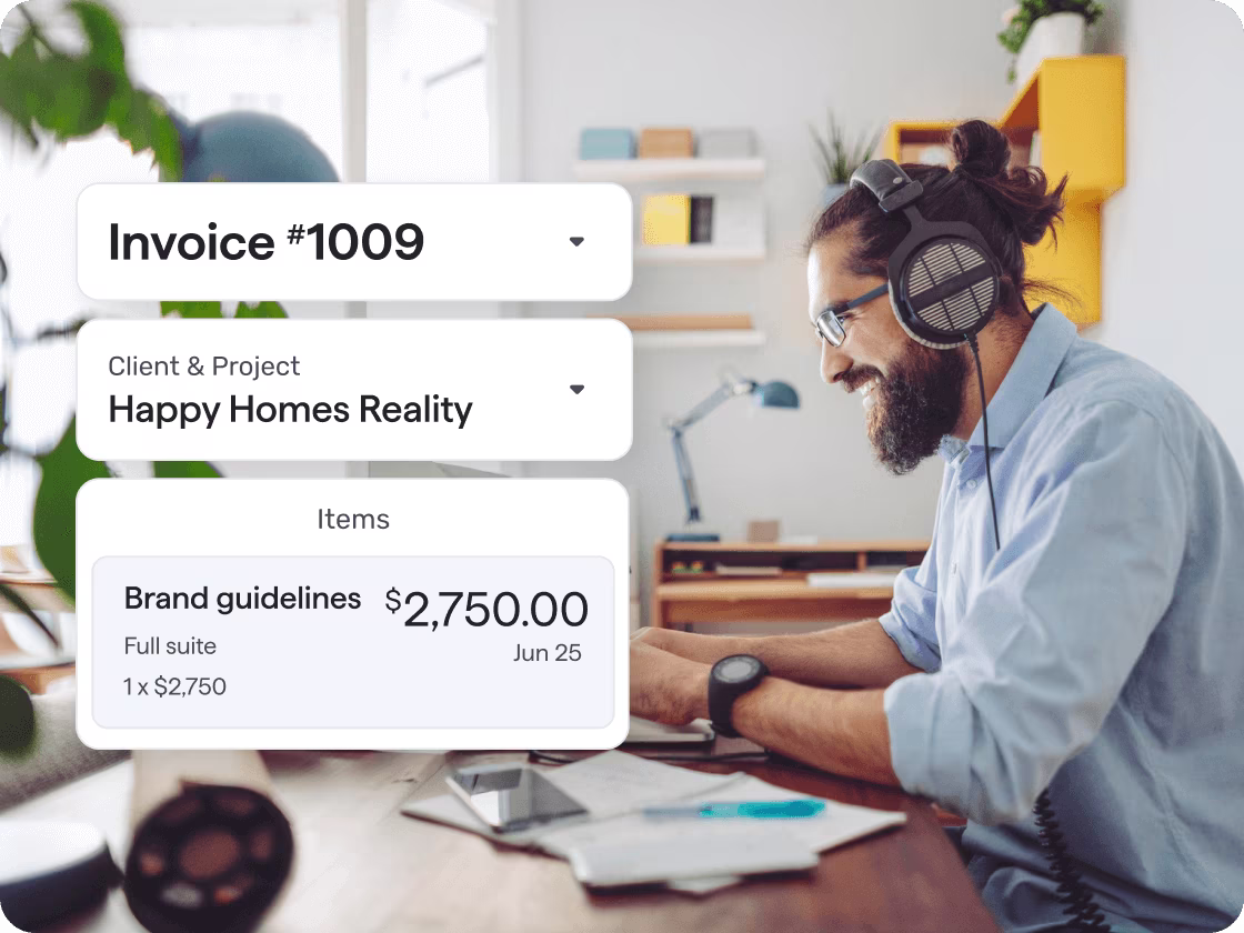 A bearded man wearing headphones and glasses is sitting at a desk, working on a computer. Overlapping the image is an invoice with description and cost of services.