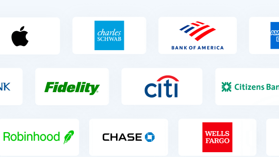 Logos of several financial institutions displayed in a grid, including Apple, Charles Schwab, Bank of America, Fidelity, Citi, Citizens Bank, Robinhood, Chase, and Wells Fargo.