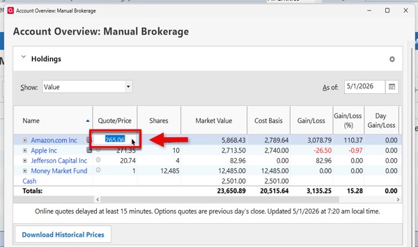 Update Investment Quotes Manually Win