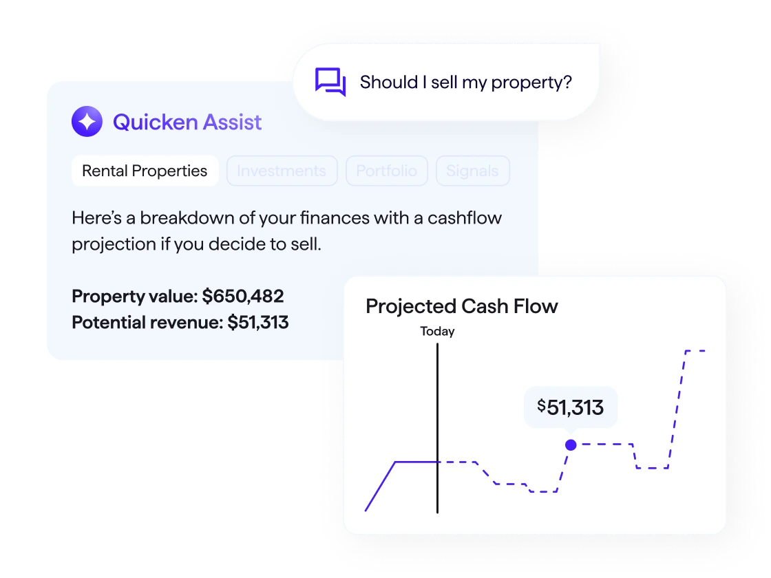 Screenshot of Quicken Assist answering a question about whether to sell a rental property, with a projected cash flow chart.