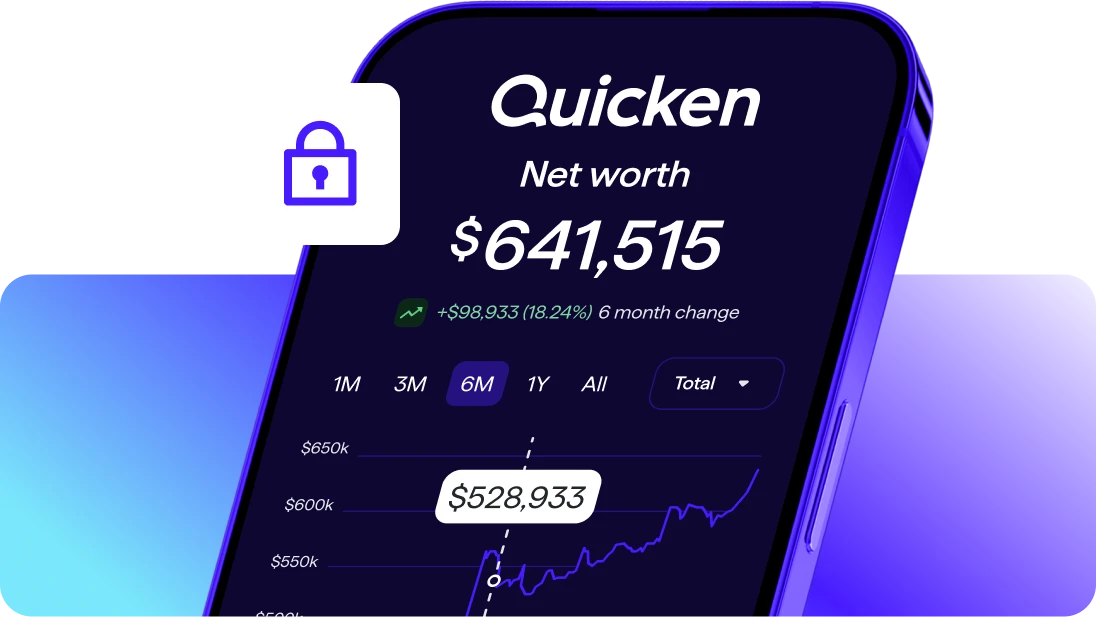 Screenshot of the Quicken app showing a Net worth of $641,515 with a linked account balance of $528,933, alongside a lock icon.