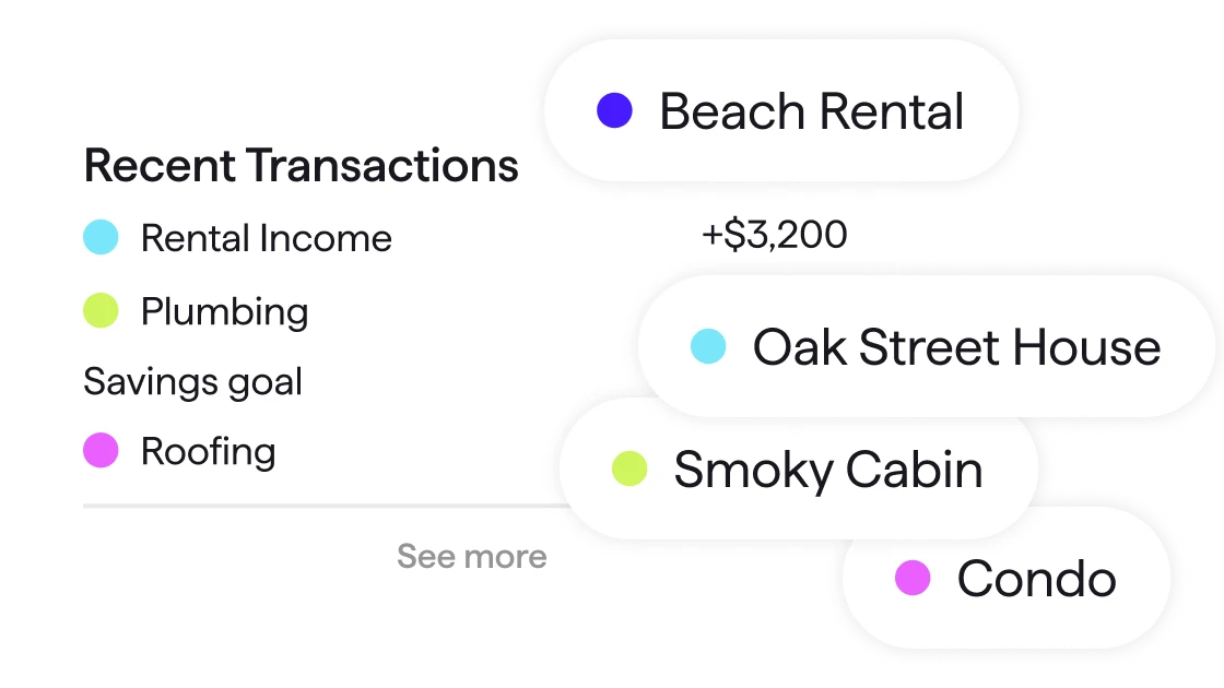 Screenshot of Quicken showing recent transactions alongside Beach Rental, San Jose House, Smoky Cabin, and Menlo Park property listings.