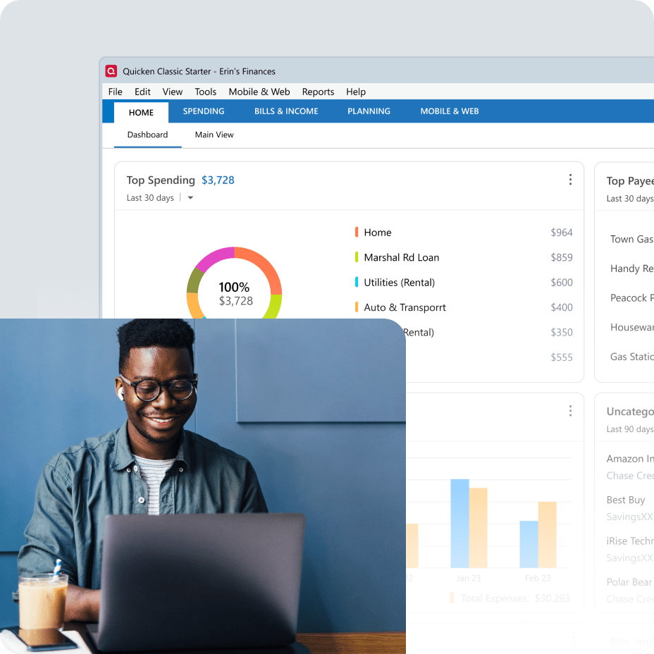 Smiling man using laptop overlayed on Quicken Starter dashboard user interface screen