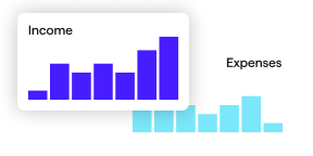 Illustration of a bar chart and buildings representing tracking income and expense by property.