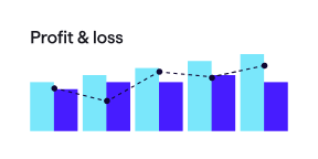 Illustration of buildings with a profit and loss icon representing monitoring profitability per venture.
