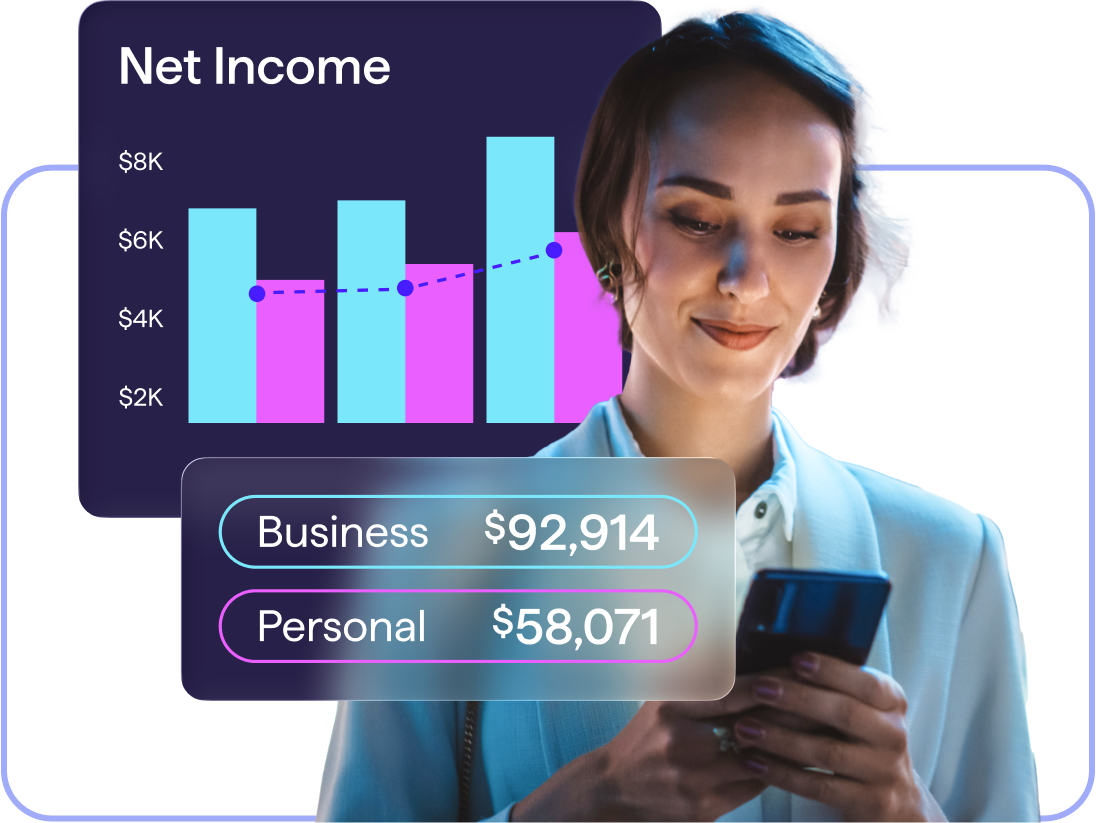 Person using a mobile app showing net income and business and personal balances