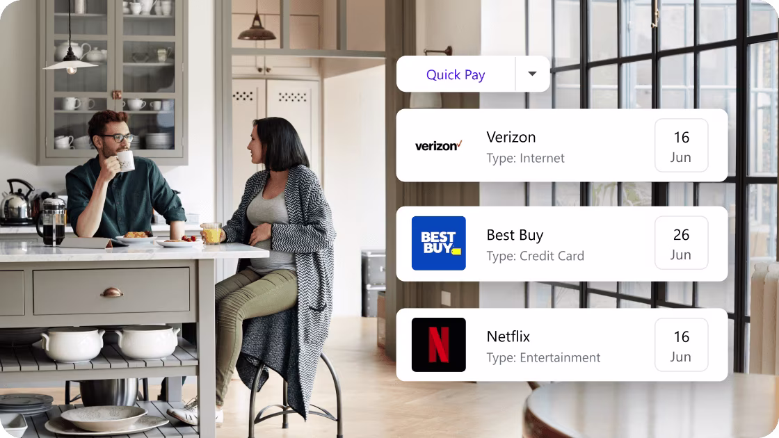 A couple sits at a kitchen island having breakfast while a bill-pay interface appears beside them, showing upcoming payments for Verizon, Best Buy, and Netflix with their due dates.