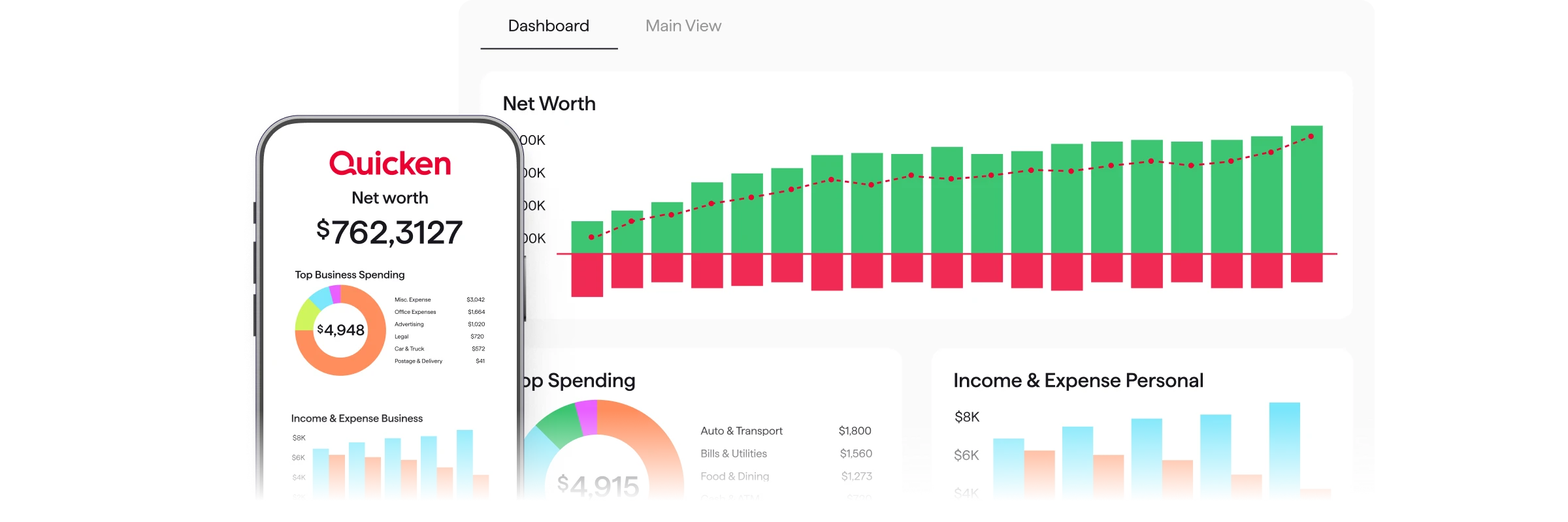 Screenshot of Quicken Classic Business and Personal showing Net Worth of $762,312 and Top Business Spending of $4,948 on a mobile phone alongside a desktop Net Worth bar chart.