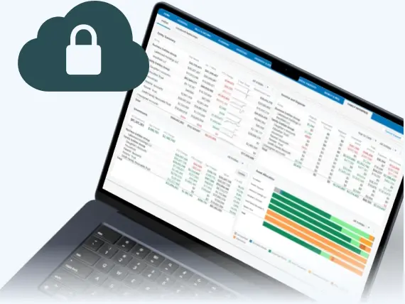 A laptop displaying a Quicken investment portfolio dashboard, with a cloud padlock icon above it representing secure data protection.