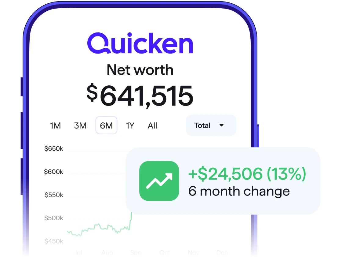 Screenshot of the Quicken app showing a Net worth chart at $641,515 with a +$24,506 (13%) six-month change callout.