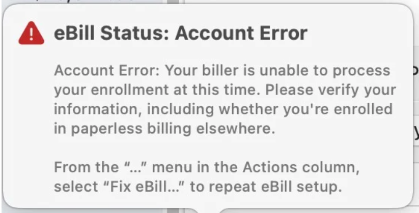 Error When Enrolling a Biller in Bill Manager in Quicken for Mac