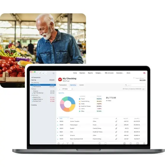 Screenshot of Quicken Classic My Checking account on a laptop showing a spending donut chart with Travel at 76.87% and Food and Dining at 20.43% among top categories, with recent transactions including Venmo Transfer, Home Depot, and Mia's Southwest Grill. Inset photo of a man shopping at an outdoor market.