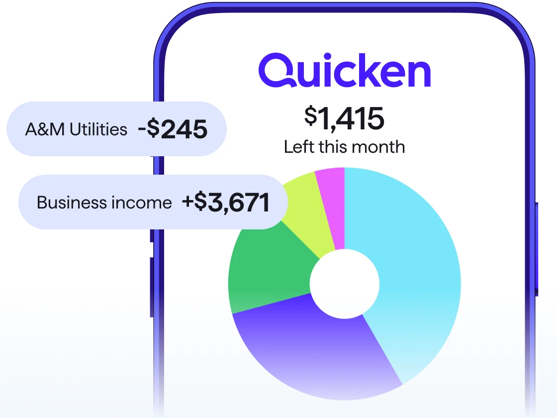 Screenshot of the Quicken app showing a monthly spending donut chart with $1,415 left this month, A and M Utilities at -$245, and Business income of +$3,671.