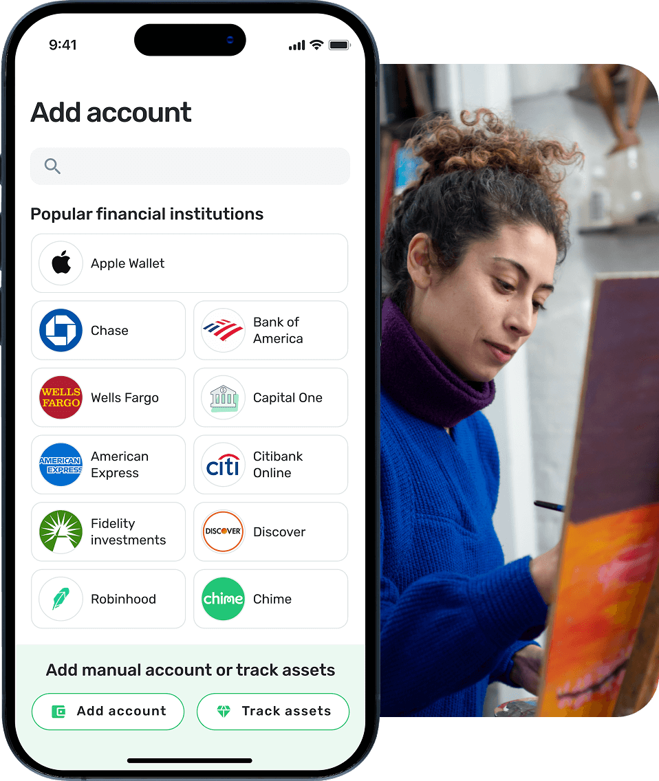 Woman looking at smartphone displaying Quicken Simplifi's add account interface with logos of major financial institutions including Apple Wallet, Chase, Bank of America, Wells Fargo, and others.