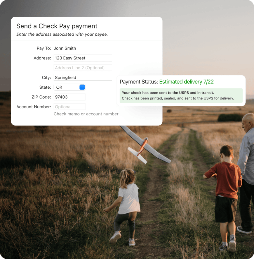 Family playing with paper airplane with Send a Check Pay payment user interface from Quicken software overlayed