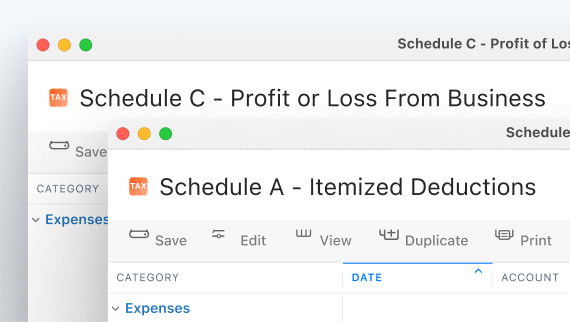 Overlapping windows of tax-related forms within financial software, showing Schedule C – Profit or Loss From Business and Schedule A – Itemized Deductions, with toolbar options like Save, Edit, View, Duplicate, and Print.