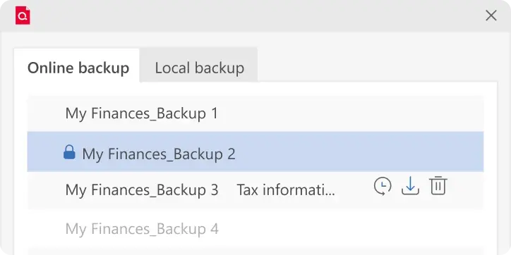 Online backup window showing a list of saved backups, with My Finances_Backup 2 selected and options to restore, download, or delete a backup, alongside a Local backup tab.