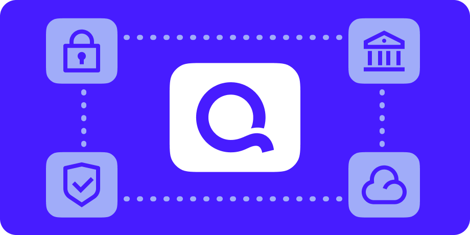 Diagram showing the Quicken logo centered and connected by dotted lines to icons representing a secure lock, a shield with a checkmark, a bank, and cloud storage, illustrating secure connections to financial institutions and cloud services.