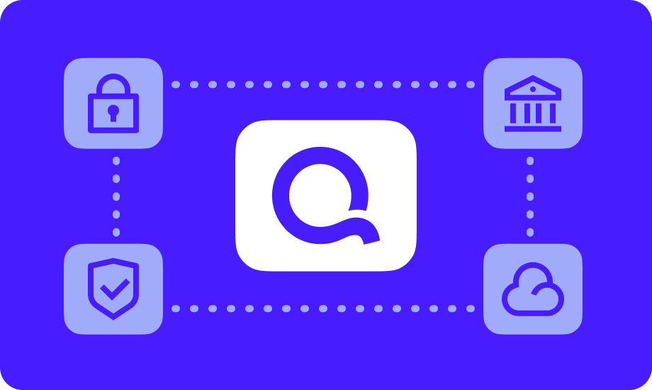 Diagram showing the Quicken logo centered and connected by dotted lines to icons representing a secure lock, a shield with a checkmark, a bank, and cloud storage, illustrating secure connections to financial institutions and cloud services.
