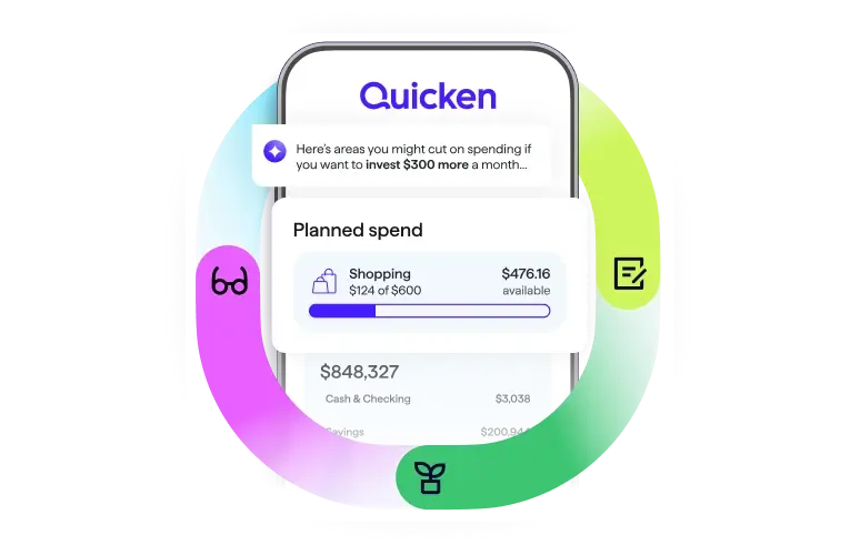 Screenshot of Quicken mobile app showing an AI insight suggesting spending cuts to invest $300 more a month, with Planned Spend showing Shopping at $476.16 and Cash and Checking balance of $848,327.