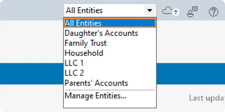 Entity selector dropdown menu expanded, with ‘All entities’ selected. Options include Daughter’s accounts, Family trust, Household, LLC 1, LLC 2, Parents’ accounts, and Manage entities.