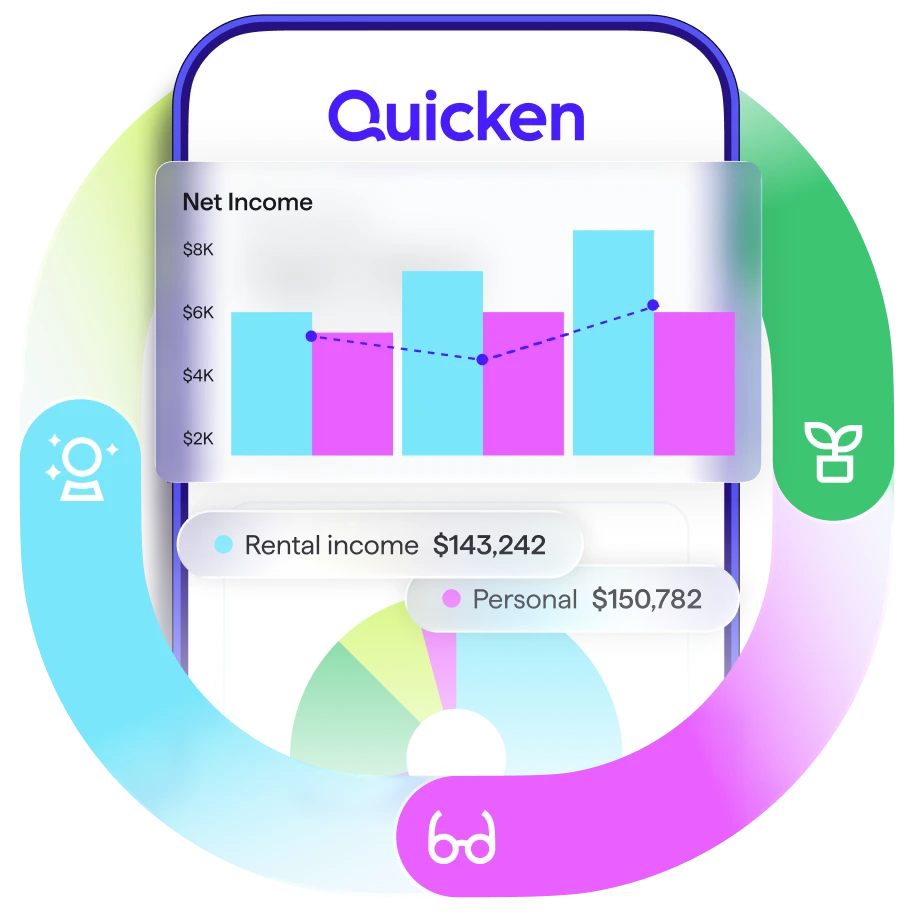 Screenshot of Quicken on a smartphone, surrounded by a colorful circular ring graphic with small icon badges, showing a Net Income chart split by Rental income of $143,242 and Personal of $150,782.