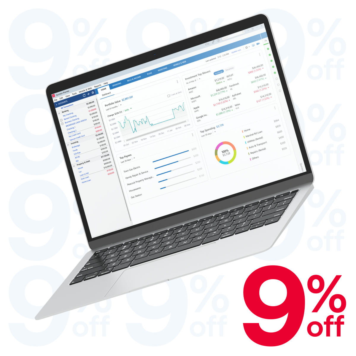 A laptop showing Quicken Classic Deluxe's dashboard with 9% promotional discount text displayed in the background.