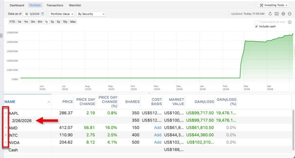 Investment Lots Drop-down Mac