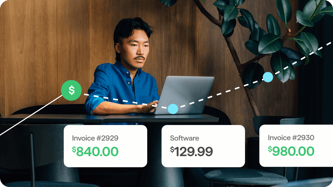 Photo of a man working on a laptop, overlaid with a Quicken Assist message about recent account activity and invoice amounts including $840 and $980.