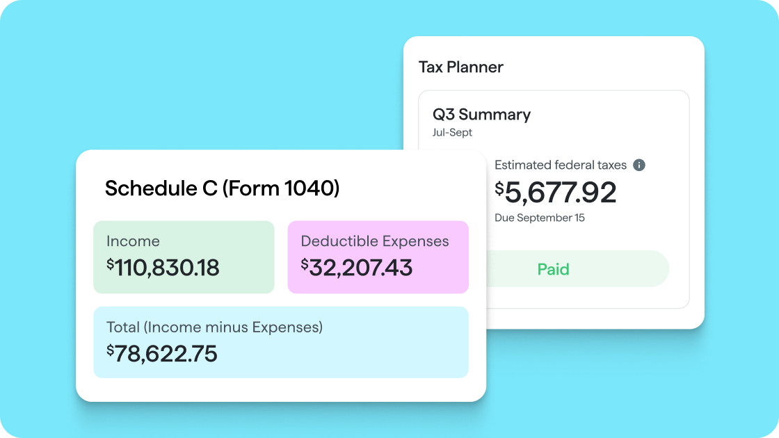 Screenshot of a Quicken Schedule C tax form showing income of $110,830.18 and deductible expenses of $32,207.43, next to a Tax Planner card showing $5,677.92 in estimated federal taxes due September 15.