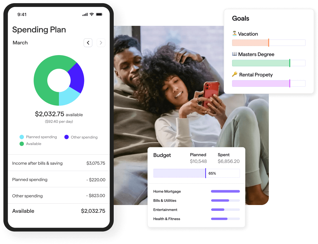 Cute couples cuddling and looking at Quicken Simplifi interface.