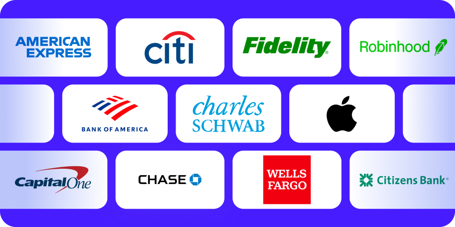 Grid of financial institution logos including American Express, Citi, Fidelity, Robinhood, Bank of America, Charles Schwab, Apple, Capital One, Chase, Wells Fargo, and Citizens Bank, representing supported account connections.