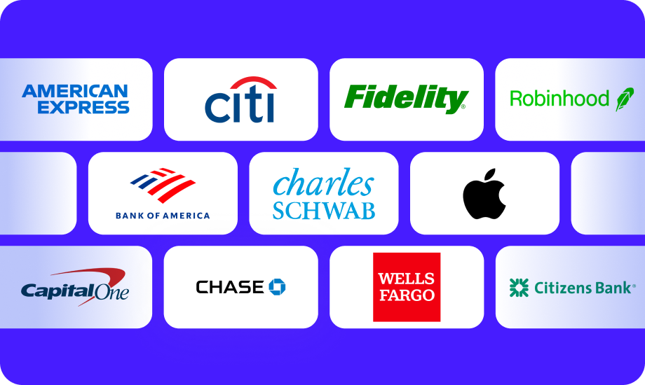 Grid of financial institution logos including American Express, Citi, Fidelity, Robinhood, Bank of America, Charles Schwab, Apple, Capital One, Chase, Wells Fargo, and Citizens Bank, representing supported account connections.
