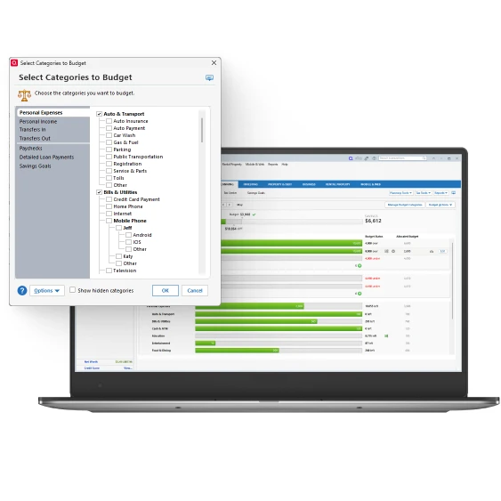 Screenshot of Quicken Classic Budget view on a laptop with a Select Categories to Budget dialog open, showing category groups including Personal Expenses, Personal Income, Transfers In, Transfers Out, Paychecks, Detailed Loan Payments, and Savings Goals, with Auto and Transport and Bills and Utilities subcategories expanded.