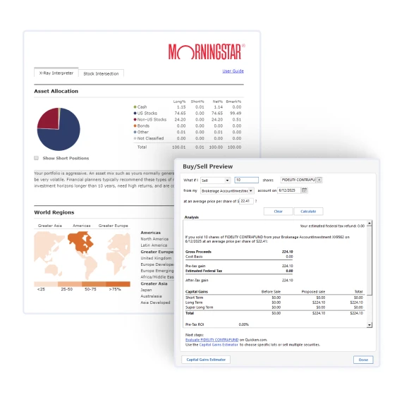 Screenshot of Quicken Classic Morningstar X-Ray Interpreter showing Asset Allocation with 74.65% US Stocks and a Buy/Sell Preview panel for selling 10 shares of Fidelity Contrafund at $22.41 per share, with Gross Proceeds of $224.10 and After-Tax Gain of $224.10.