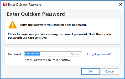 Enter quicken password dialog