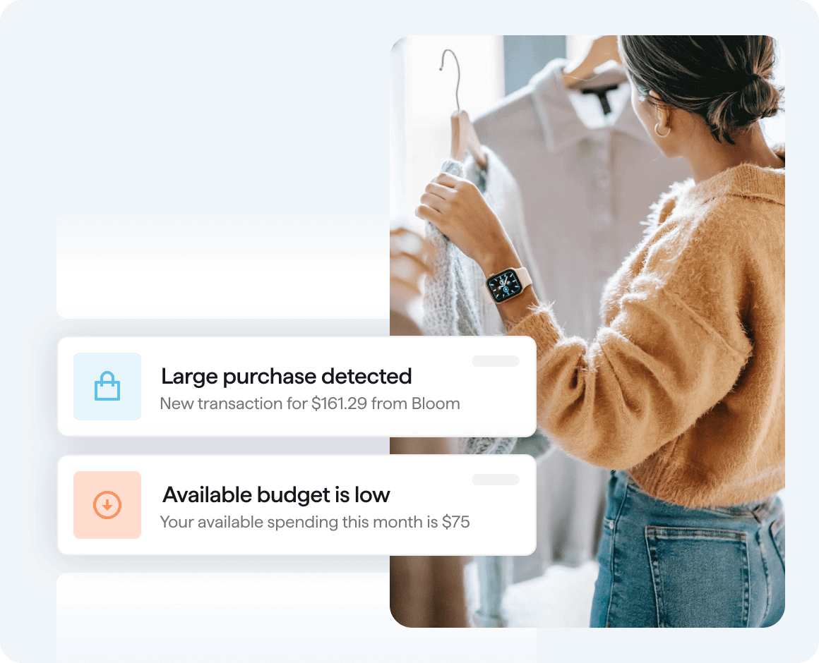 Woman hanging up blouse with Quicken push notifications user interface overlayed on top reading "Large purchase detected" and "Available budget is low"
