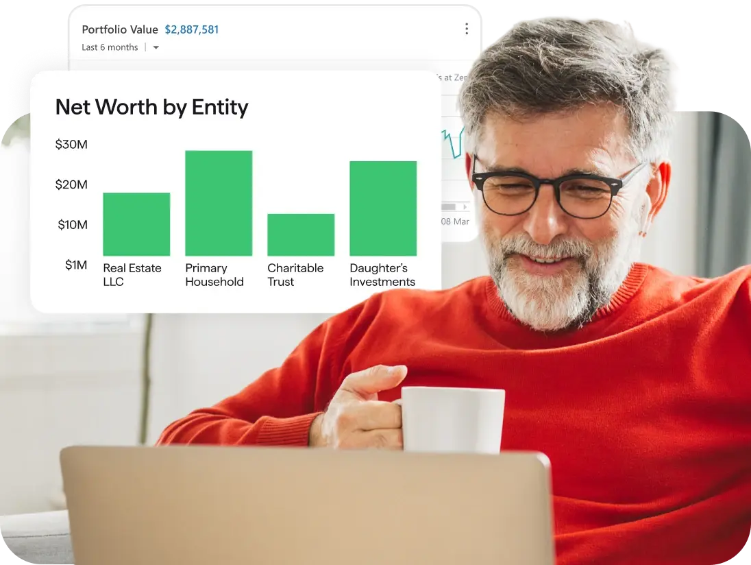 A man with gray hair and glasses looks at his laptop while holding a coffee mug. The screen shows a portfolio chart with investments in Hartford Fund, Salesforce, Putnam Voyager, J.P. Morgan Bond, Mirova Global Megatrends, and AB Global Bond, with a total value of $11,556.