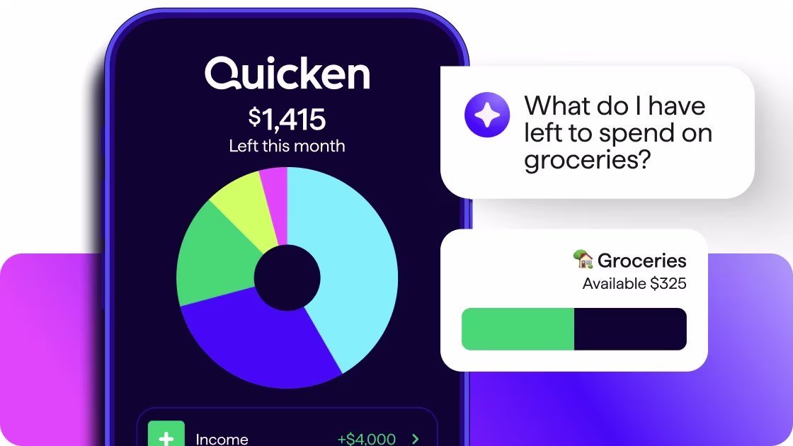 Screenshot of Quicken app showing $1,415 left to spend this month in a spending pie chart, alongside a chat response showing $325 available for groceries.
